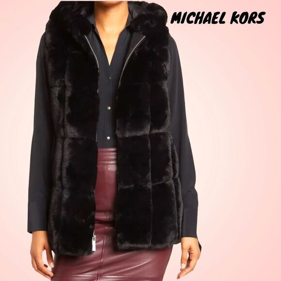 MICHAEL KORS NEW WITH TAGS WINDOWPANE BLACK FAUX FUR HOODED VEST JACKET MEDIUM - Picture 4 of 13